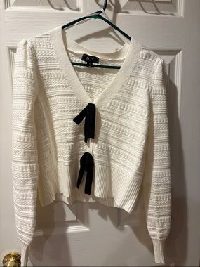 BCX Cream V-Neck Knit Sweater with Black Tie Fronts